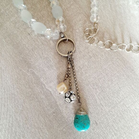 Glass Beads Handmade Statement White Necklace Turquoise Pendant - Picture 2 of 4